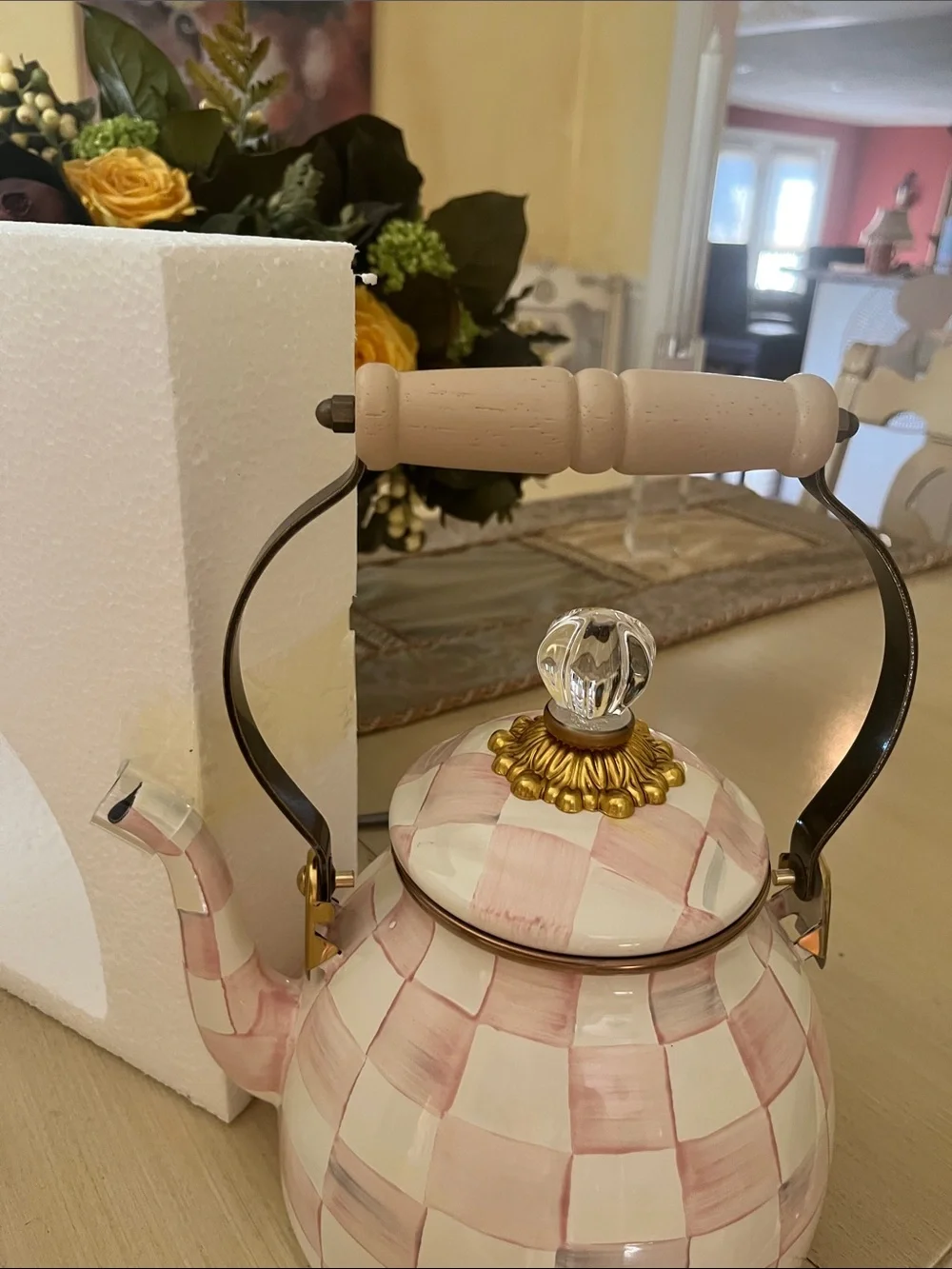 MacKenzie-Childs Pink and Cream Checkered Teapot with Gold Accents